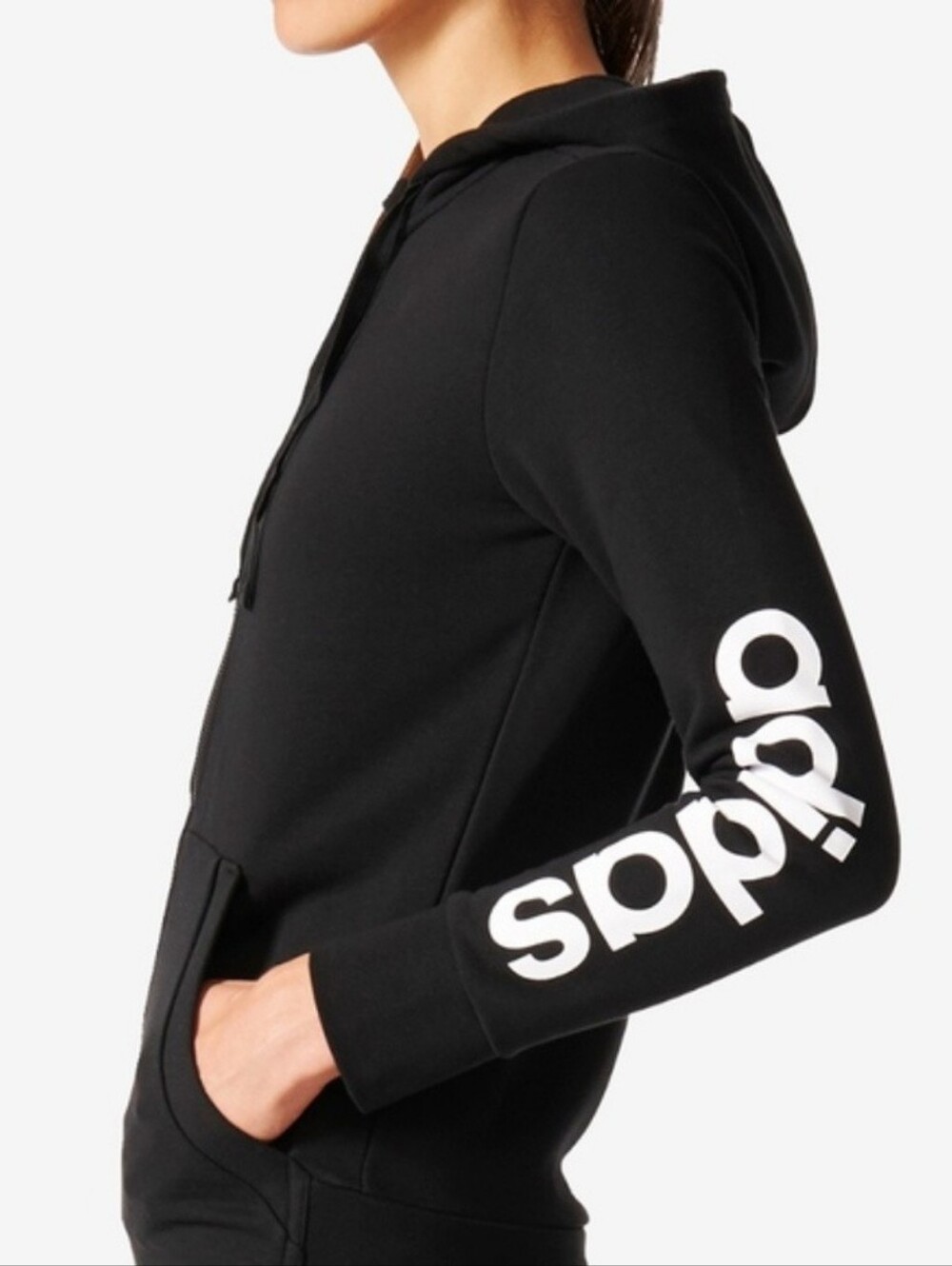 adidas Essential Linear Black Full-Zip French Terry Hoodie wSleeve Logo XS